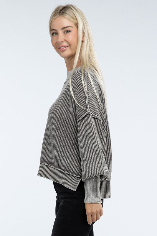 Washed Side Slit Oversized Cropped Sweater